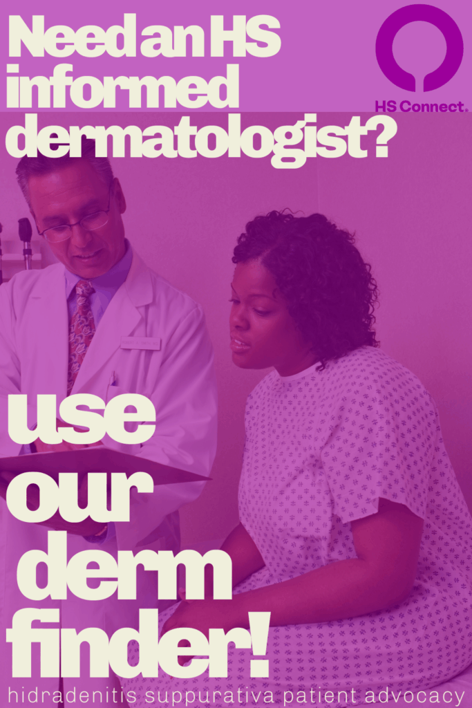image of a doctor an patient talking in an office with large bold text saying "need an HS informed dermatologist? use our derm finder"